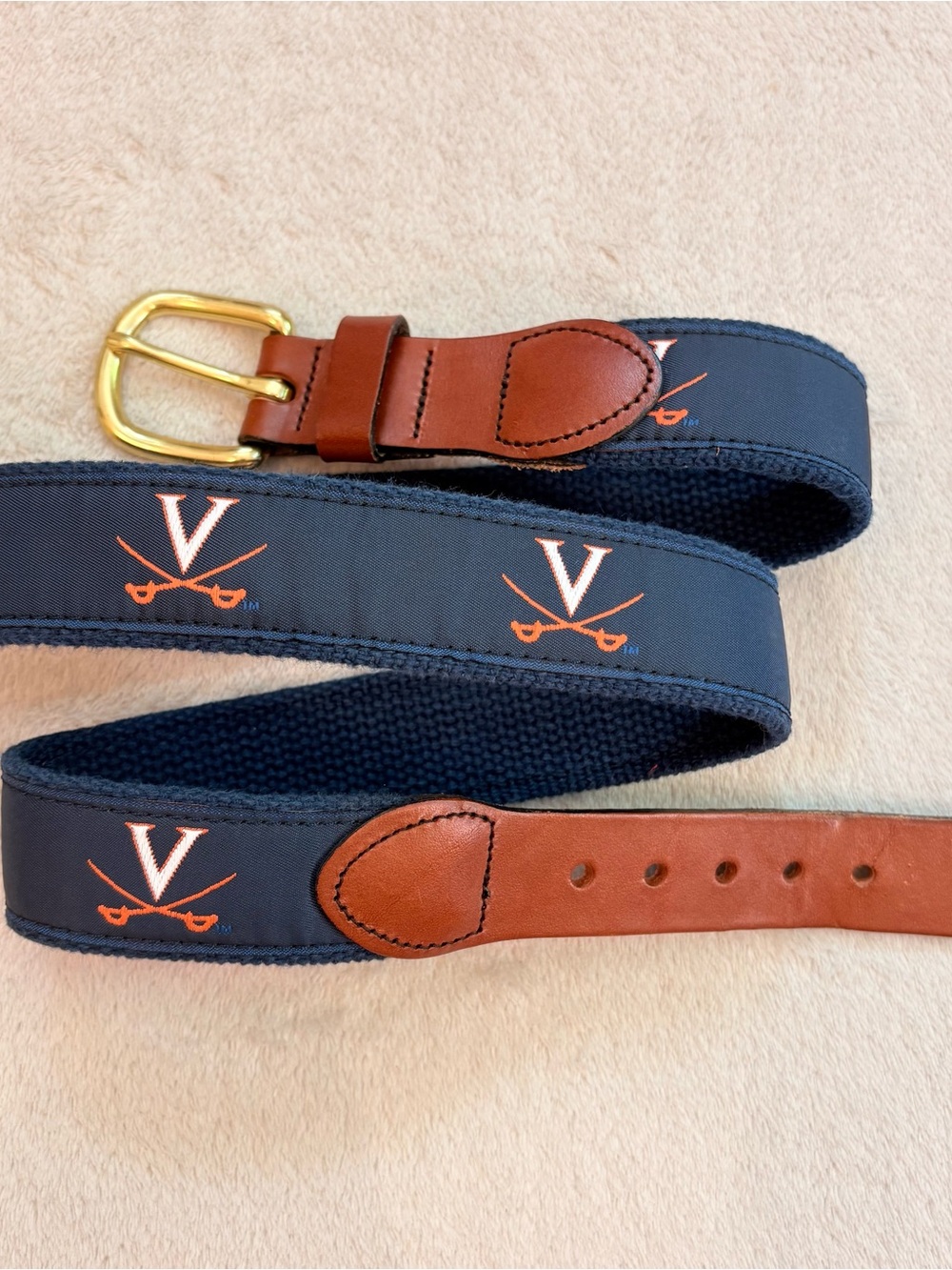 University of Virginia Navy Ribbon Web Belt Brown Leather Trim Brass Buckle 34